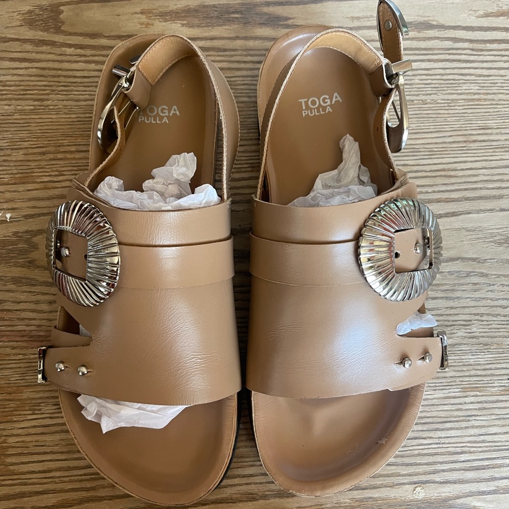 TOGA Pulla Beige Sandals with Silver Accents